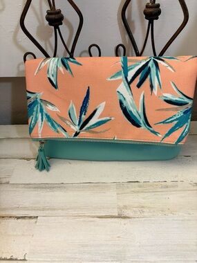 Coral Floral Fold-Over Wristlet with Teal Base